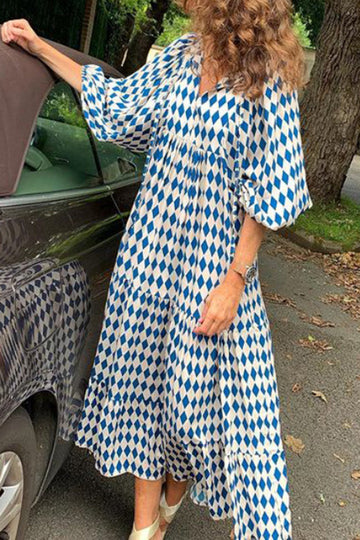 Blå tryckt Boho Puff Sleeve Lös Lång Klänning